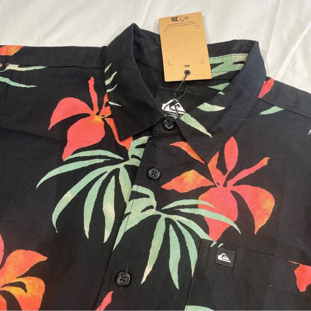 Quiksilver Boys XL 16 Tropical Floral Button Down‎ Shirt Black Short Sleeve New